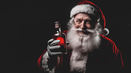 Santa Claus standing isolated on black background and holding unbranded bottle of whisky, copy space for text, alcohol product presentation, christmas promotion, marketing - obrazy, fototapety, plakaty