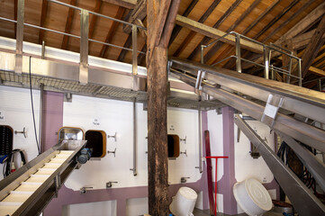 Concrete tanks for first fermentation of grapes, Bordeaux Saint-Emilion wine making region picking,...