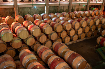 French oak wooden barrels for aging red wine in underground cellar, Saint-Emilion wine making region picking, cru class Merlot or Cabernet Sauvignon red wine grapes, France, Bordeaux