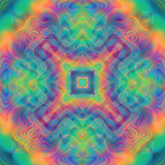 Abstract Kaleidoscopic geometric pattern. Hypnotic background in neon psychedelic acid rainbow colors.