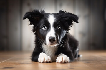 border collie puppy, pet. dog breed, black and white coat color.