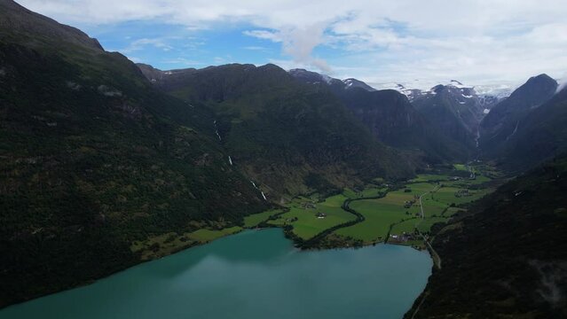 Aerial view above the impressive fjords and lakes of Oldevatnett Norway during the summertime