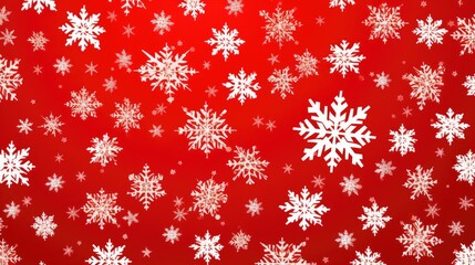 Snowy red background. Christmas snowy winter design. White falling snowflakes, abstract landscape.