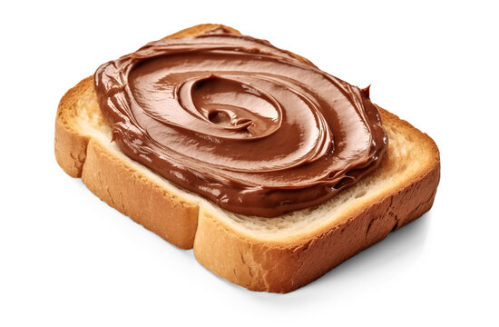 Fresh white bread with chocolate paste isolated on transparent background, png. Slice of bread with chocolate cream with hazelnut