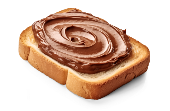Fresh white bread with chocolate paste isolated on transparent background, png. Slice of bread with chocolate cream with hazelnut
