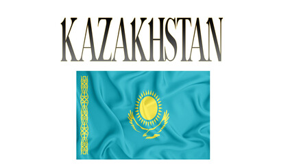 Illustration of the flag of Kazakhstan with 3d inscription of the name of Kazakhstan. For use in educational proposals or video illustrations. Transparent background.