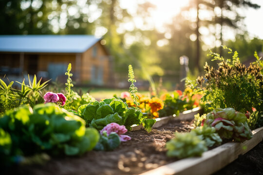 Creative photos of community gardens or farms, highlighting the importance of fresh produce and sustainable living, creativity with copy space