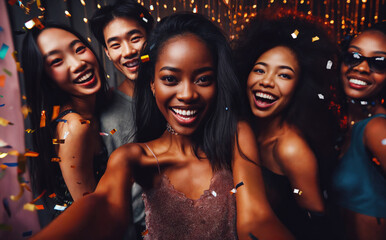 african american female taking selfie with group of friends at club party with confetti