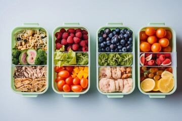 Close-ups of nutritious and balanced lunchboxes or meal preps for school or work, promoting healthy eating habits, creativity with copy space