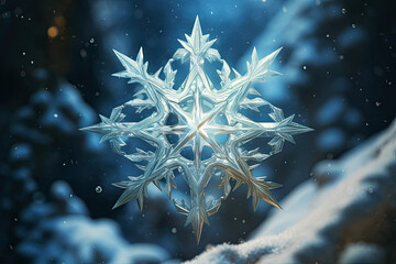 Fototapeta na wymiar Fairy snowflake with a complex, symmetrical structure featuring delicate filigree patterns that radiate from a central star-shaped core