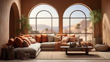 Luxurious living room with arched windows