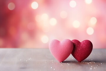 Obraz premium Valentine's day background with two pink hearts and bokeh