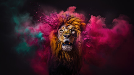 lion in colorful powder paint explosion, dynamic