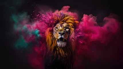 Foto op Plexiglas lion in colorful powder paint explosion, dynamic © Zanni
