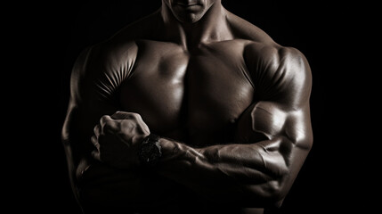 Fototapeta na wymiar An athlete's muscular body is posed in a dark space, his arms crossed, highlighting the power and intense discipline of his training.