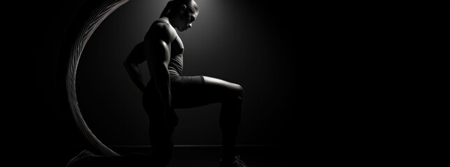 Male athlete posing with a focused gaze, his muscular definition highlighted in a dimly lit setting, conveying power and concentration.