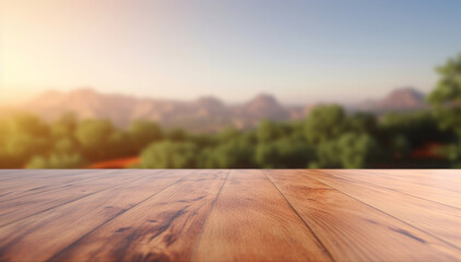 Naklejka na ściany i meble An empty wooden table top against the background of mountains, fields and the sky at sunset