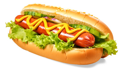 Hot dog with mustard isolated on transparent background, png. Hotdog with lettuce