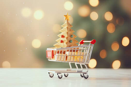 carro de la compra en miniatura conteniendo paquetes regalo y &aacute;rbol de navidad con una estrella dorada sobre fondo dorado desenfocado