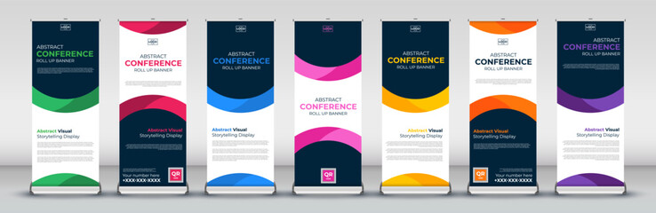 vertical Roll Up Banner Stand Poster set in red, green, blue, yellow, orange, purple, pink for presentations, meetings, annual events