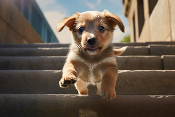 An adventurous puppy conquering its first staircase climb. Concept of newfound bravery. Generative...