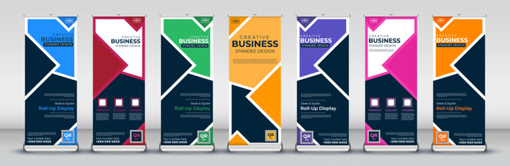 Advertising abstract Business Roll Up Banner Stand Poster set in red, green, blue, yellow, orange, purple, pink for presentations, meetings, annual events