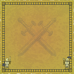 Green Parchment with Medieval Knights, Ornate Frame, Crossed Shortswords