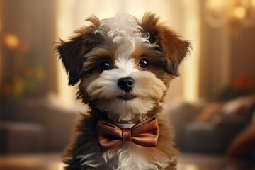 A charming puppy with an elegant bowtie, ready for a formal affair. Concept of puppy style. Generative Ai.