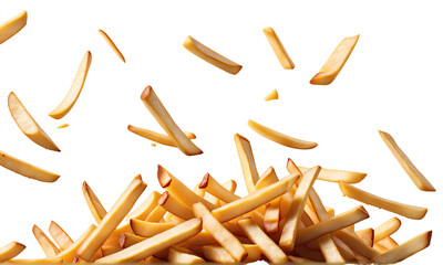 Porção de batata frita no ar. Monte de batatas fritas voando em fundo branco ou sem fundo, transparente, png.