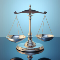 The scales of justice on a blue background, in the style of light gray and bronze