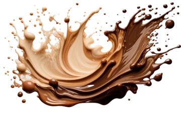 Fotobehang Brown chocolate liquid paint milk splash swirl wave on transparent background cutout. © Houssam