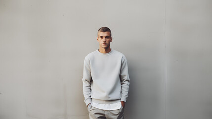 Obraz premium Man poses near a light wall in a gray sweatshirt. Gestures. Emotion. Casual wear. Studio model at work. Space for text and logo. Generated AI