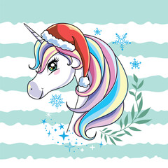 Cute hand drawn unicorn nursery art. Christmas and New Year theme. Postcard with magical pony. Fairy tale theme, doodle style.