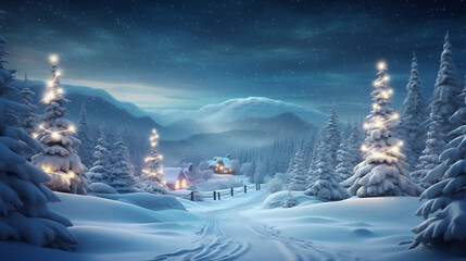 Background landscape with snow covered trees, of Christmas