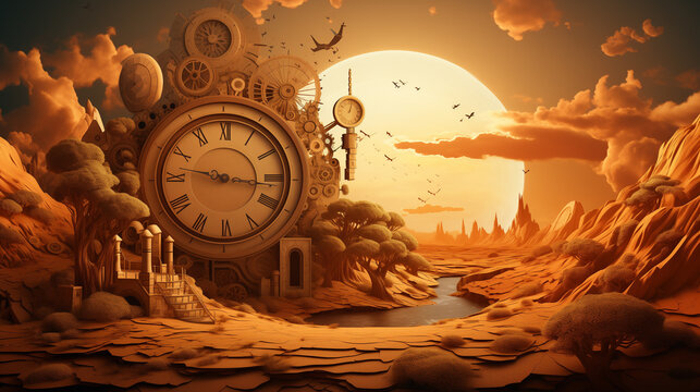 Lunar landscape with old clock