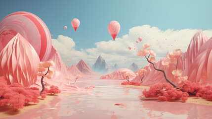 Dream Valley: Pink Landscape with Mountains and Balloons