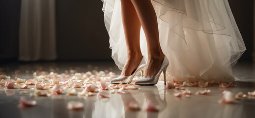 Legs of the bride in beautiful shoes, dress, flower petals - obrazy, fototapety, plakaty