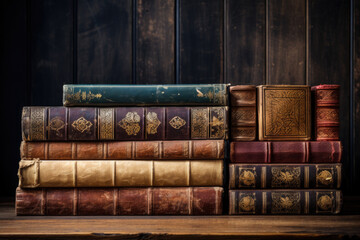 Medium shot visual of old books in front of wooden old dark wall. Generative ai