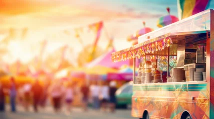 Schilderijen op glas Unfocused Colorful food trucks on fun fair © sderbane