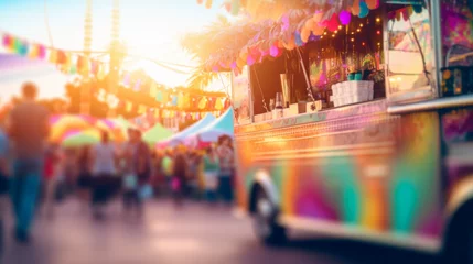 Gordijnen Unfocused Colorful food trucks on fun fair © sderbane