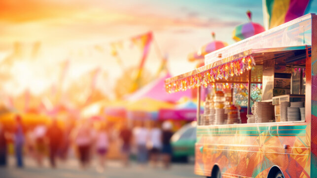 Unfocused Colorful food trucks on fun fair
