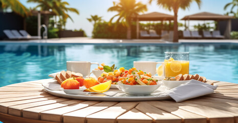 Breakfast in swimming pool, floating breakfast in luxurious tropical resort. - obrazy, fototapety, plakaty