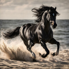 Obraz na płótnie Canvas Black stallion galloping in the sand on the beach. Toned.
