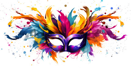 Festive carnival mask with colorful explosion on white background. Colorful splash art masquerade mask with feathers. Vibrant masquerade, feathered and festive. Artistic mask with rainbow feathers - obrazy, fototapety, plakaty
