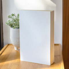 Blank book displayed with tray and plant