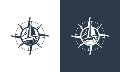compass and ship logo collection with black and white background vector logo design - obrazy, fototapety, plakaty