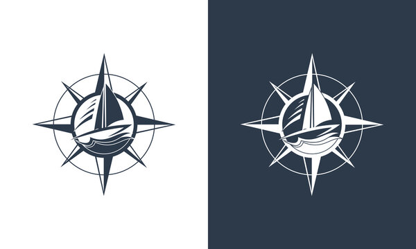 compass and ship logo collection with black and white background vector logo design
