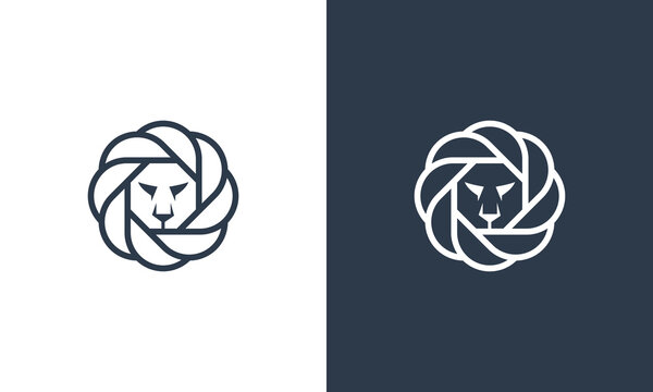 collection of lion head logos in line style with black and white background logo design vector