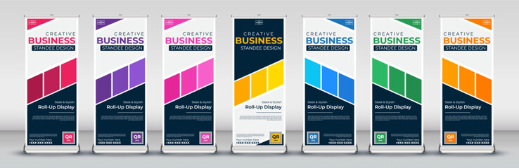 vertical creative Trend Business Roll Up Banner Stand Poster set in red, green, blue, yellow, orange, purple, pink for presentations, meetings, annual events - obrazy, fototapety, plakaty