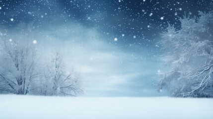 Delicate snowflakes drift through the night air, settling on leafless trees dusted with frost, under a deep blue sky dotted with stars.